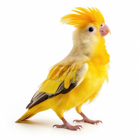 adult yellow colored cockatiel in front of white background