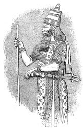 ancient ruler with staff and ornate attire