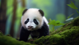 baby panda walking in a green forest