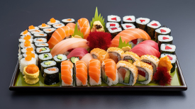 bamboo tray filled with assortment of sushi rolls california rol