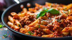 beef penne pasta in tomato sauce in a black pan