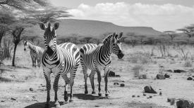 black white image of zebras at Samburu National Preserve