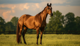 brown horse standing in a field at sunset