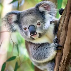 clcoseup cute koala hangs on tree