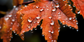 closeup macro of a an orange maple leaf with dew after a rain