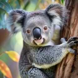 cute koala hangs on tree