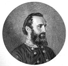 Etching of a Stonewall Jackson bearded man in profile wearing a 