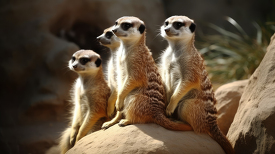 family of playful meerkats all looking in the same direciton