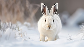 fluffy white rabbit standing alert in a snowy landscape
