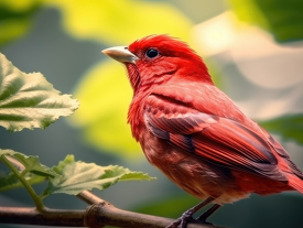 Fody red bird sitting on a tree branch