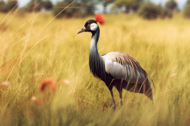grey crowned crane on a grassy plain photo