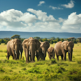 Herd of elephants roaming the African savanna under a blue cloud