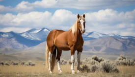 horse on a ranch in wyoming mountains in the background
