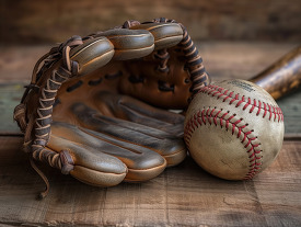Leather baseball glove and ball with bat on aged wood