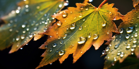 macro photo of dew covered orange and green maple leaf