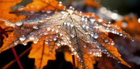 macro photo of dew covered orange brown maple leaf