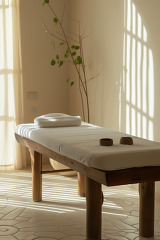 massage therapy table with natural elements and soft lighting