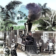 meeting a train historical colorized illustration