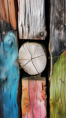 Multicolored wooden planks arranged in a creative wall pattern