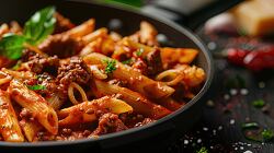 penne pasta in tomato sauce with fresh basil