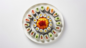 plate of colorful sushi rolls in a circular arrangement