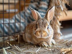 rabbit sits in it enclosure