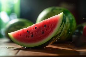 slice of watermelon on a cutting board with whole watermelon in