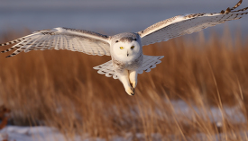 snowy owl in flight in the arctic tundra