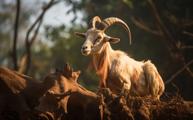 sunlight on a goat while sitting in a field in india