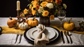 thanksgiving table is set with fine china silverware and festive gourds