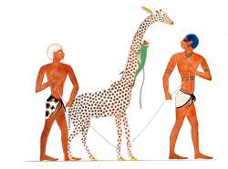 two ancient egyptains with giraffe attached to rope