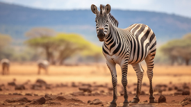 zebra standing on dry dirt in the scrublands of africa