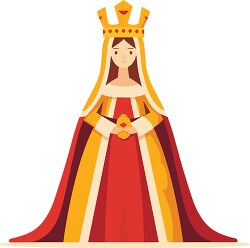 queen in yellow and red robes wears a regal crown