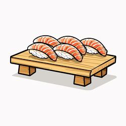 salmon nigiri sushi on a wooden tray