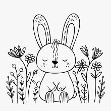 simple line art of a cute easter rabbit surrounded by flowers