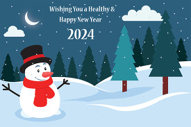 snowman with trees in background night scene happy new year 2024