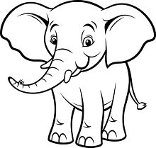 super cute baby elephant with small tusks black outline