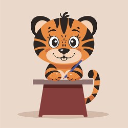 tiger sits attentively on a chair at a desk