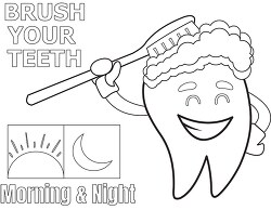 tooth cartoon holding a toothbrush brush twice a day morning nig