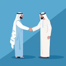 two middle eastern men wearing traditional clothing shaking hand
