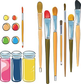 various sized paintbrushes with colorful paint in class containe
