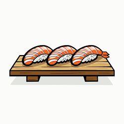 vector illustration of three pieces of sushi on a wooden board