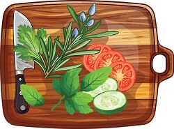 wooden food cutting board and knife with various herbs and veget