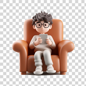 young boy sits on a chair holding a tablet transparent png