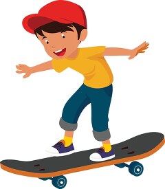 young boy with a red cap balances on his skateboard confidently