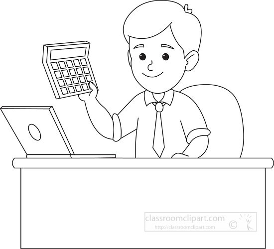 accountant at desk holding calcuator black outline