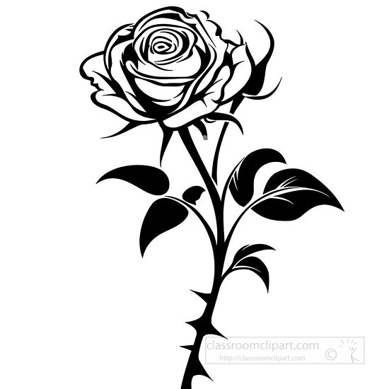 black outline of rose on a stem in full bloom