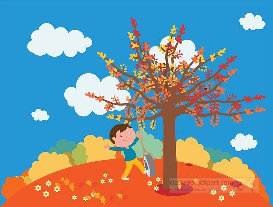 boy playing with tire swing on with fall folliage clipart