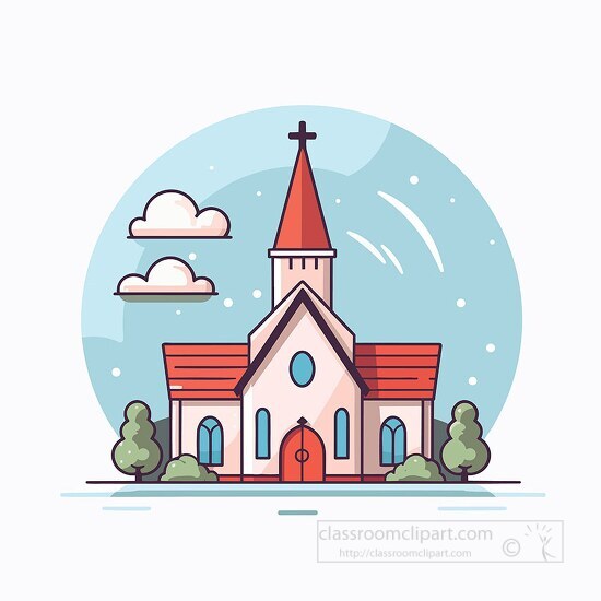 cartoon church with a steeple and a red roof clip art