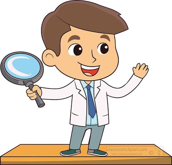 cartoon scientist with magnifying glass and light bulb idea